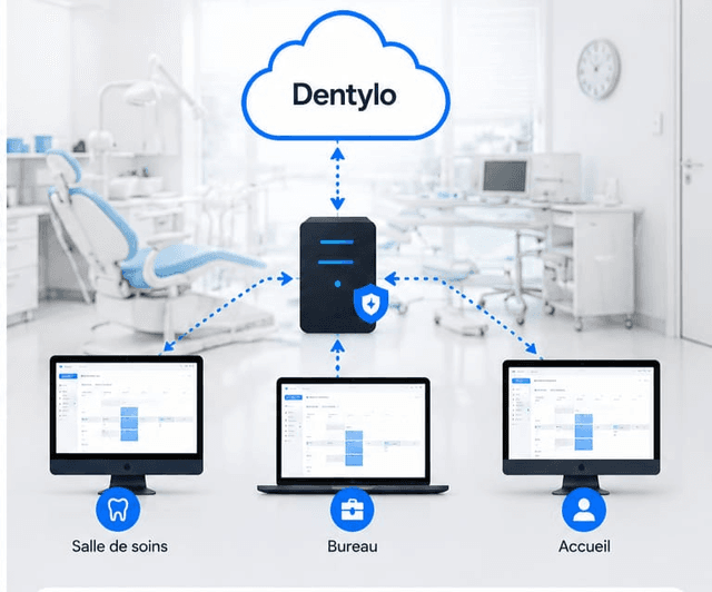 Schéma Dentylo Hybride : les postes du cabinet sont reliés à une installation locale, elle-même synchronisée avec le cloud