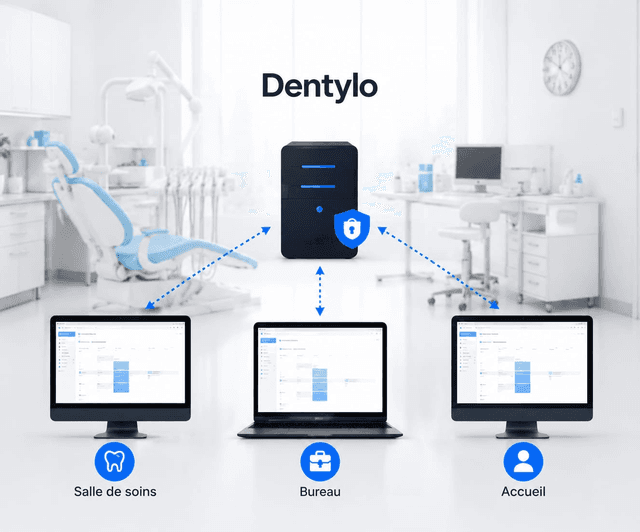 Schéma Dentylo Local : les postes du cabinet — salle de soins, bureau et accueil — sont reliés à une installation locale sécurisée, sans dépendre d'Internet